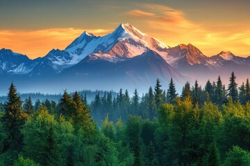 Wall Mural - Majestic snow-capped mountains at sunset, overlooking a lush evergreen forest.