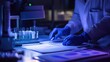 © Justlight - An edgelit workbench where a worker utilizes a quality assurance tool surrounded by detailed documentation and samples being tested.