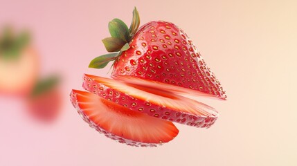 Sliced fresh ripe strawberry floating on a gradient pink background, showcasing the juicy red fruit and green leaves in a vibrant and appetizing composition