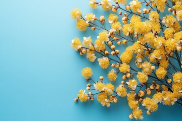 Canvas Print - Bright yellow flowers and branches create a cheerful display against a blue background in this vibrant arrangement