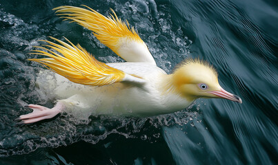  yellow and white penguin is swimming in the water, a photograph of a surreal creature with long necks on its head