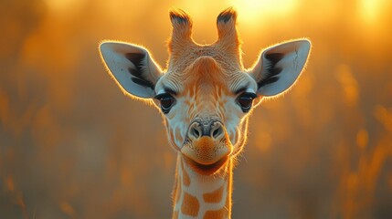 Adorable Baby Giraffe Portrait at Golden Hour Sunset in African Savanna