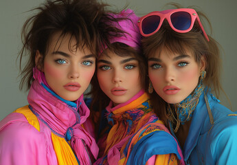 a group of three caucasian people with big hair in colorful , 80s style photography, vibrant colors, sharp focus, studio lighting, editorial magazine look