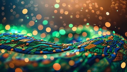 Abstract flowing mosaic pattern with bokeh lights and green blue and orange colors