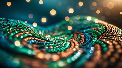 Abstract textured pattern with metallic details and bokeh lights in shades of turquoise and brown