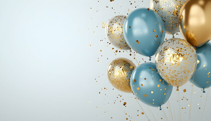 Wall Mural - elegant blue and gold 70th birthday balloons surrounded by gold confetti, set against a light gray b