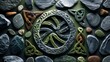 © Tetiana - Stone Celtic Knot Design with Circle and Triangles on a Dark Green Background