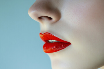 Wall Mural - Close-up view of vibrant red lips with smooth skin against a light background showcasing beauty and elegance