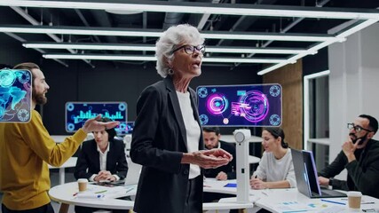 Poster - Engaging group discussion on technology and innovation in a modern office setting