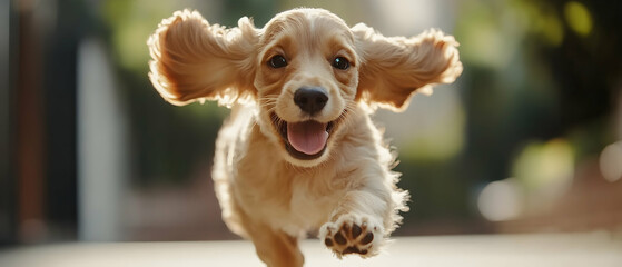 Wall Mural - Happy Golden Cocker Spaniel running energetically with floppy ears, radiating joy and playfulness  -