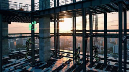 Aufkleber - Construction workers analyze digital data in modern building framework at sunset in urban setting