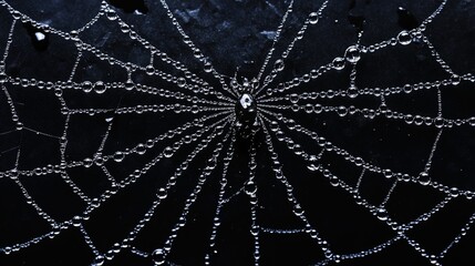 Close-up of morning dew on spider web, intricate and beautiful nature detail 