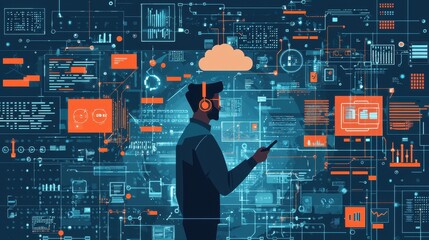 Canvas Print - Business Worker Engaging with Encrypted Cloud Solutions Office Digital Art Tech Environment Side View Innovation