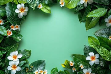 Wall Mural - Colorful arrangement of tropical leaves and flowers on a green background for decorative purposes