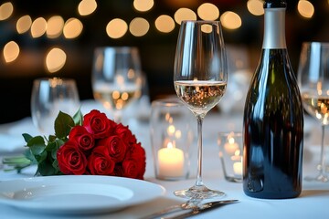 Beautiful dining setup with white wine, red roses, candles, and a soft glowing background.