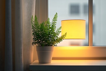 Wall Mural - Cozy Window Nook with Fern and Warm Lamp Light