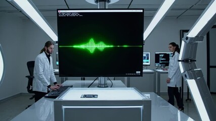 Leinwandbilder - Research scientists analyze data in a high-tech lab focused on sound wave patterns and technology