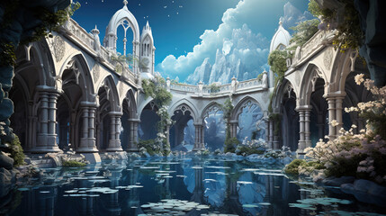 Sticker - Enchanted Gothic Ruins by a Serene Pond