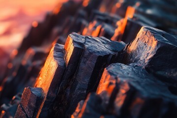 Poster - Sunset illuminates dark basalt columns, creating a dramatic, textured scene of rugged coastal rock formations.