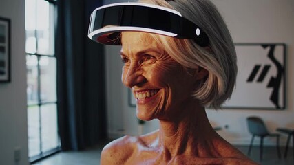 Leinwandbilder - Elderly woman experiences futuristic technology in modern indoor space