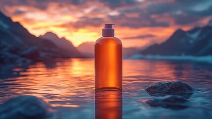 A bottle of lotion sits on a wooden table in front of a stunning sunset over mountains