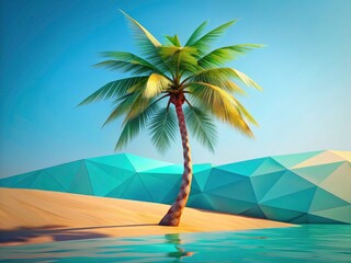 Low-poly palm trees silhouette a tranquil turquoise summer vacation panorama.