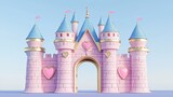 Whimsical pink castle with golden accents and heart details on a clear blue background