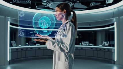 Fototapete - Medical professional demonstrates advanced holographic technology showcasing human anatomy in modern lab environment