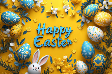 Wall Mural - Happy Easter day postcard on a yellow background with decorated eggs around the perimeter and an inscription in the center