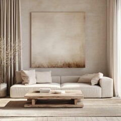 Wall Mural - A modern living room with light beige walls, a wooden coffee table, and a sofa in neutral tones.