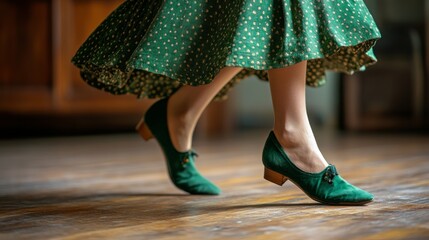 A close-up view of a dancer's feet wearing green shoes on a wooden floor, showcasing a minimalistic approach to Irish dancing