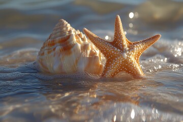 Canvas Print - Colorful sea star and shell resting on the wet sand at the beach during sunset near gentle waves