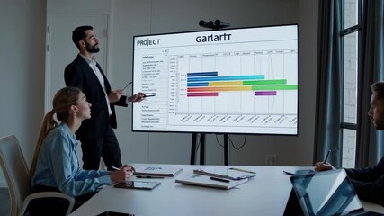 Poster - Presentation on project management techniques in a modern office setting with engaged participants