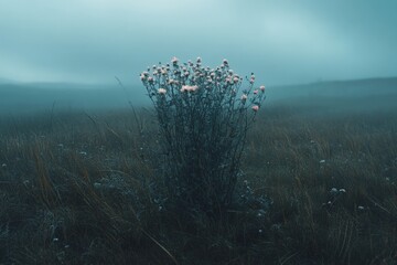 Wall Mural - Wildflowers bloom in a misty field during early morning light in a serene landscape