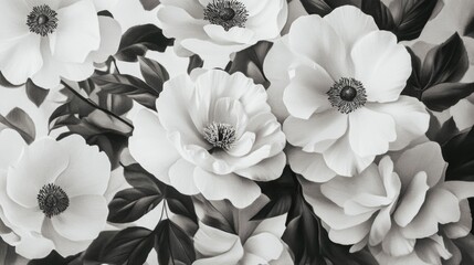 Wall Mural - Black and white floral pattern with anemones and leaves on a textured background featuring ample copy space