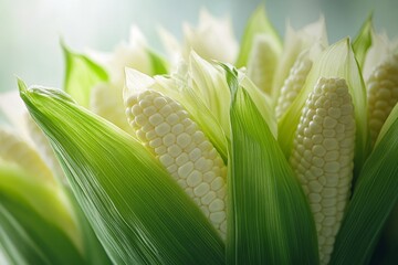 Canvas Print - Close-up of opened corn cobs surrounded by green husks, showcasing their fresh and natural appearance