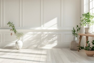 Aufkleber - A white room with a large window and a white wall. There are two vases with flowers in them, one on the left and one on the right. The room has a clean and minimalist look. AI generated.