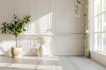 Aufkleber - A white room with a large window and a potted plant. The room is empty and has a minimalist feel. AI generated.