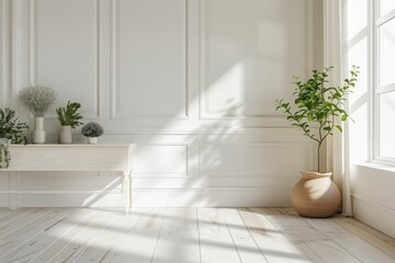 Aufkleber - A white room with a large window and a potted plant. The room is empty and has a minimalist feel. AI generated.