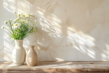 Fototapete - A white vase with flowers sits on a wooden table. The vase is filled with daisies and is placed in front of a white wall. AI generated.