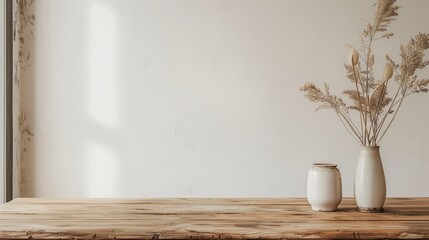 Fototapete - A white vase with flowers sits on a wooden table. The table is empty and the vase is the only decoration. AI generated.