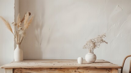 Fototapete - A table with a vase and a bowl of flowers on it. The table is empty and the vase and bowl are the only objects on it. AI generated.