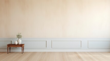 Poster - A white wall with a wooden table and two vases on it. The table is empty and the vases are placed on it. The room is empty and has a minimalist feel to it. AI generated.