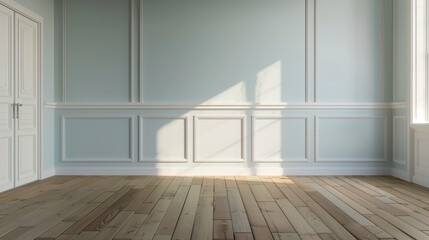 Poster - A large, empty room with white walls and wooden floors. The room is very clean and has a very minimalistic feel to it. AI generated.