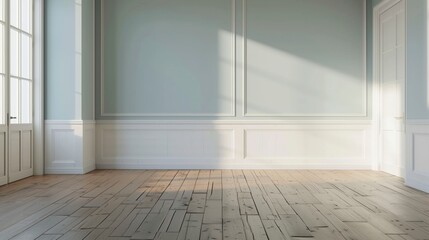 Poster - A large, empty room with white walls and wooden floors. The room is very clean and has a minimalist feel to it. AI generated.