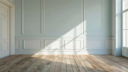 Aufkleber - A large, empty room with white walls and wooden floors. The room is very bright and airy, with a lot of natural light coming in through the windows. The space is very open. AI generated.