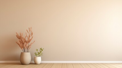 Aufkleber - A white wall with a plant in a white pot and another plant in a brown pot. The wall is bare and the plants are the only decoration. AI generated.