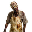 © Iftikhar alam - A zombie in a bloody apron looms against a stark transparent background, ready to haunt viewers with its eerie presence, Scary zombie wearing a bloody apron on transparent background