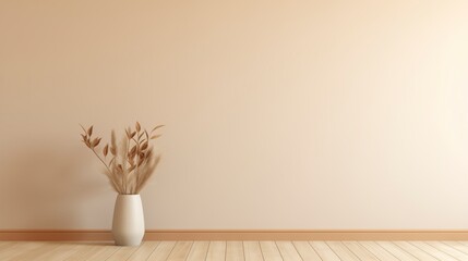 Fototapete - A white vase with brown flowers sits on a wooden floor in a room with a white wall. AI generated.