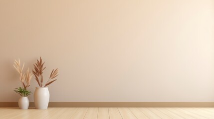 Aufkleber - A white vase with brown flowers sits on a wooden floor in a room with a white wall. AI generated.